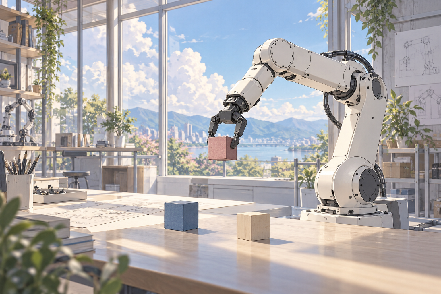 An illustrated white robot arm arranging rose and blue blocks in a sunlit studio